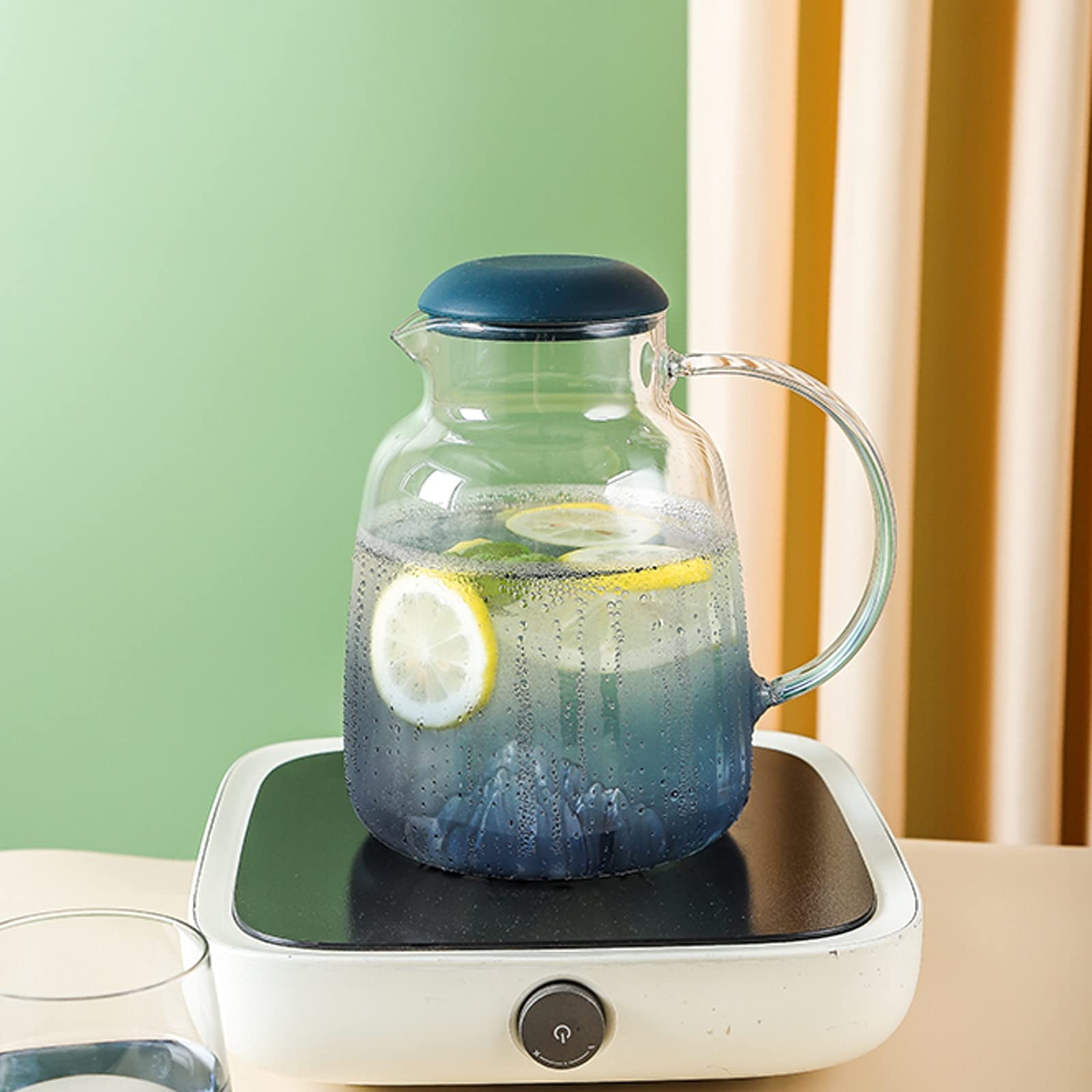 手作りガラスピッチャー 透明と緑のグラデーション Amazon｜水差し 氷山のデザインのグラデーションブルーガラス